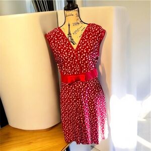 🌹 STUDIO AA V NECK FRONT & BACK RED & WHITE POLKA DOT SZ:14 DRESS MIDI EUC